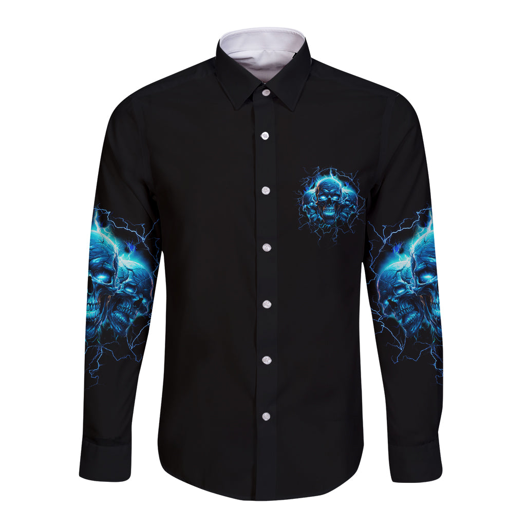 Unisex long sleeve button shirt, black with blue skull chest print and sleeve graphics