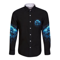 Unisex long sleeve button shirt, black with blue skull chest print and sleeve graphics