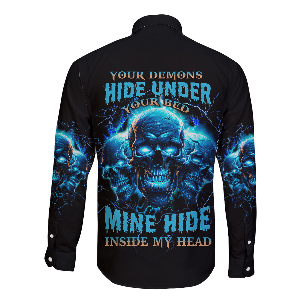 Unisex long sleeve button shirt, black with blue skull graphic and lightning on back