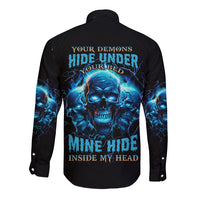 Unisex long sleeve button shirt, black with blue skull graphic and lightning on back