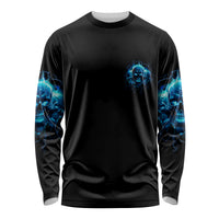 Unisex long-sleeve shirt, black with blue skull sleeve print