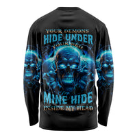 Unisex long-sleeve shirt, black with blue skull graphic and text design