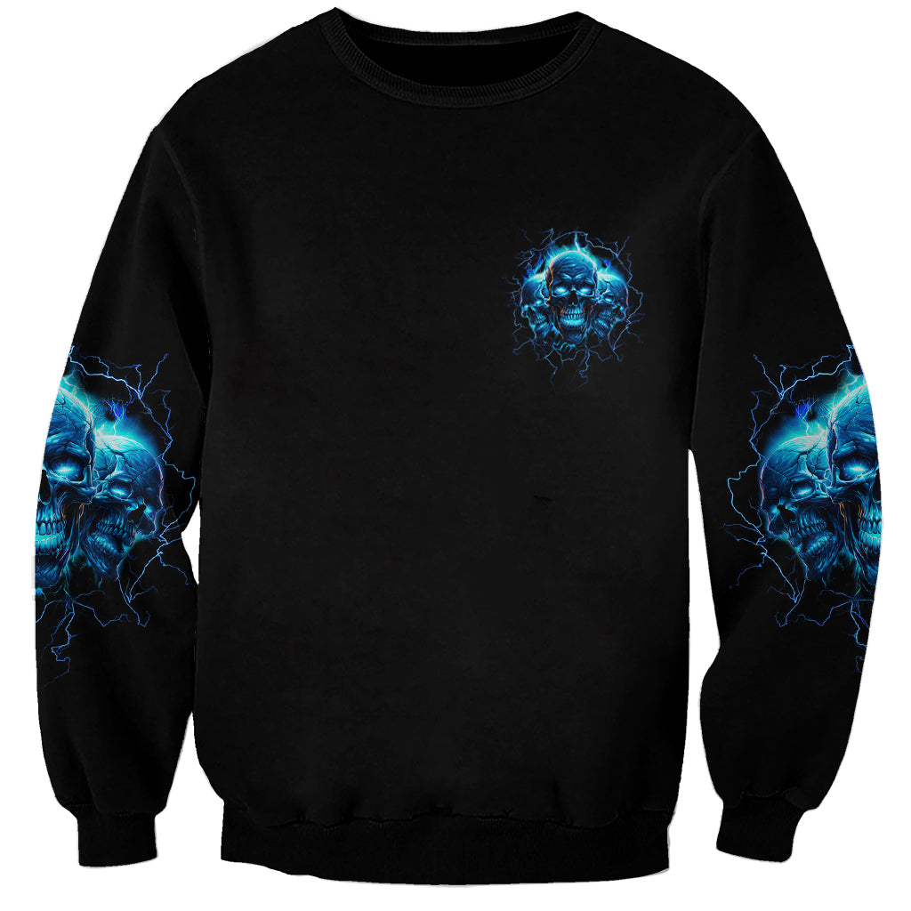 Unisex black sweatshirt with small blue skull logo on chest and blue sleeve prints