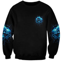 Unisex black sweatshirt with small blue skull logo on chest and blue sleeve prints