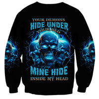 Unisex black sweatshirt with blue skull graphic and warning-style text on front