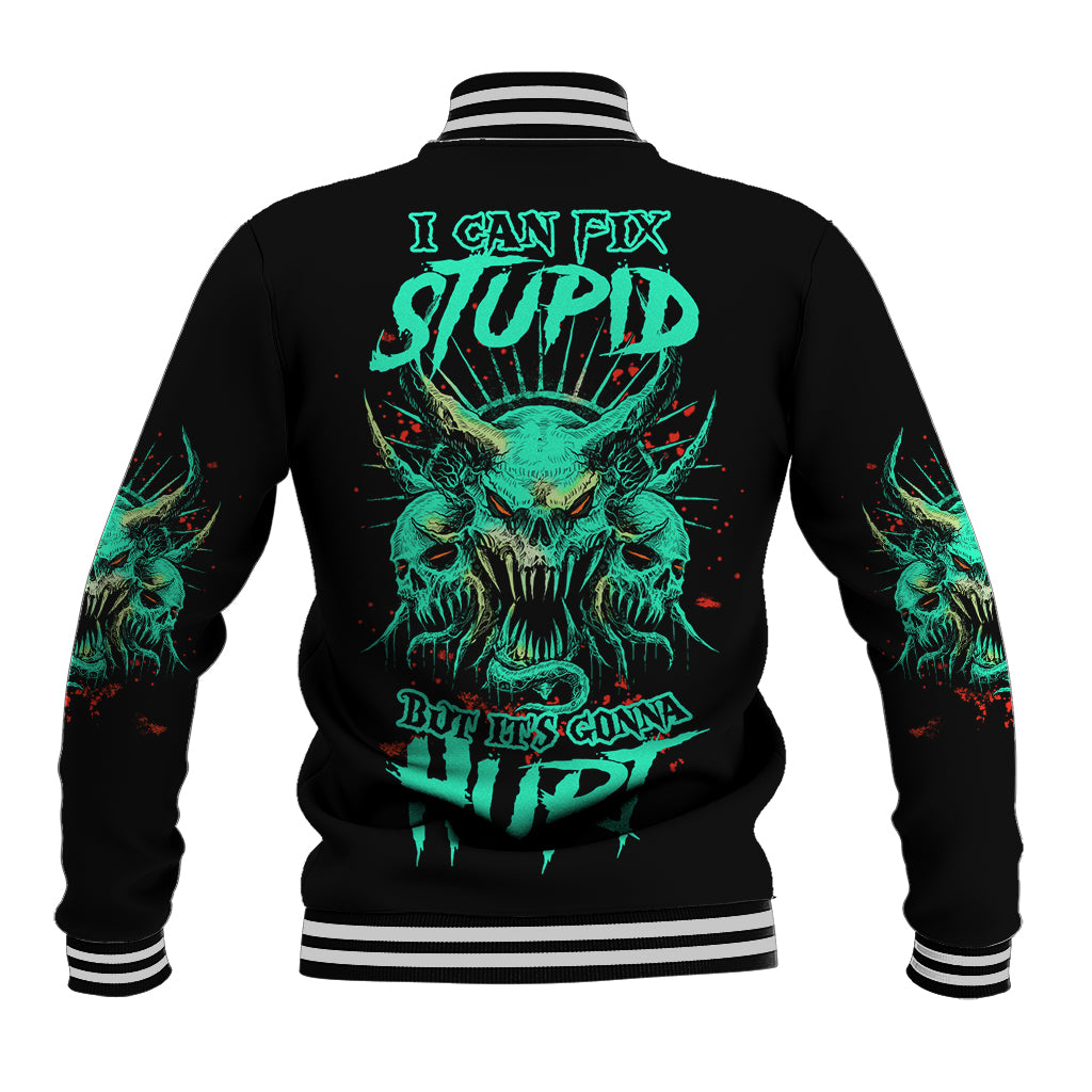 Black unisex baseball jacket, striped ribbed collar and teal skull back graphic