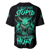 Black baseball jersey with teal skull graphic text on back