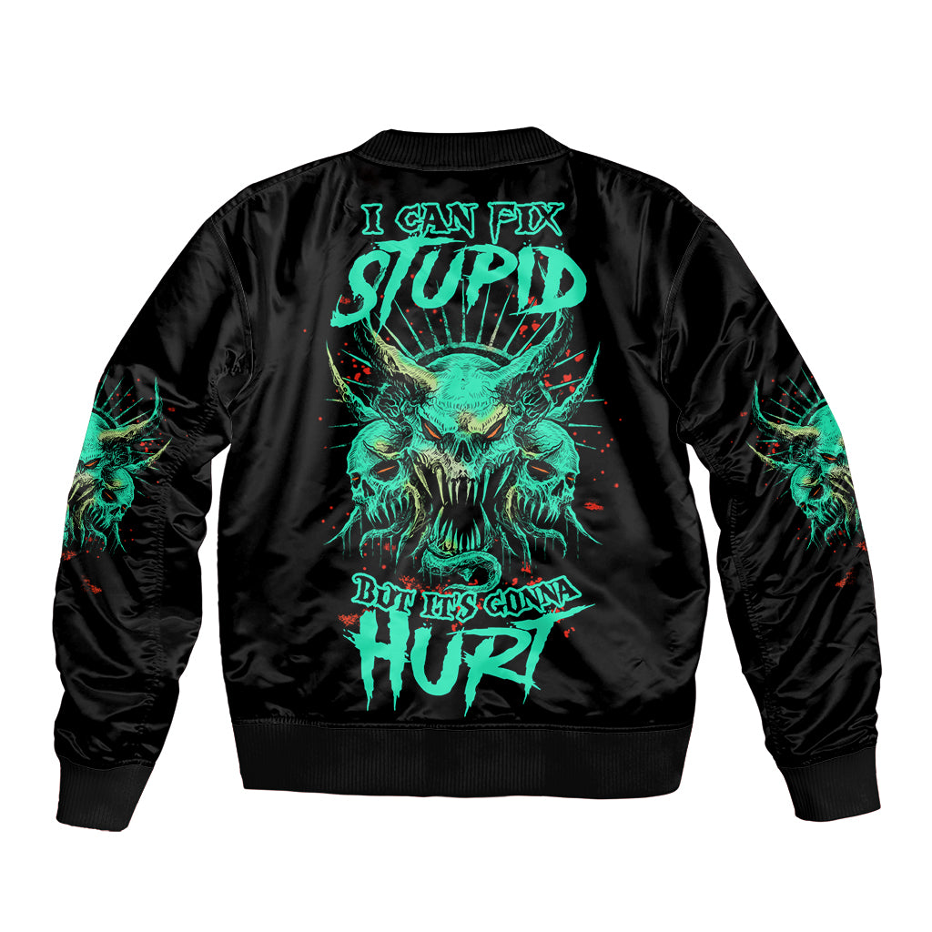 Black unisex bomber jacket with teal skull graphic and slogan on back.