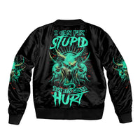 Black unisex bomber jacket with teal skull graphic and slogan on back.
