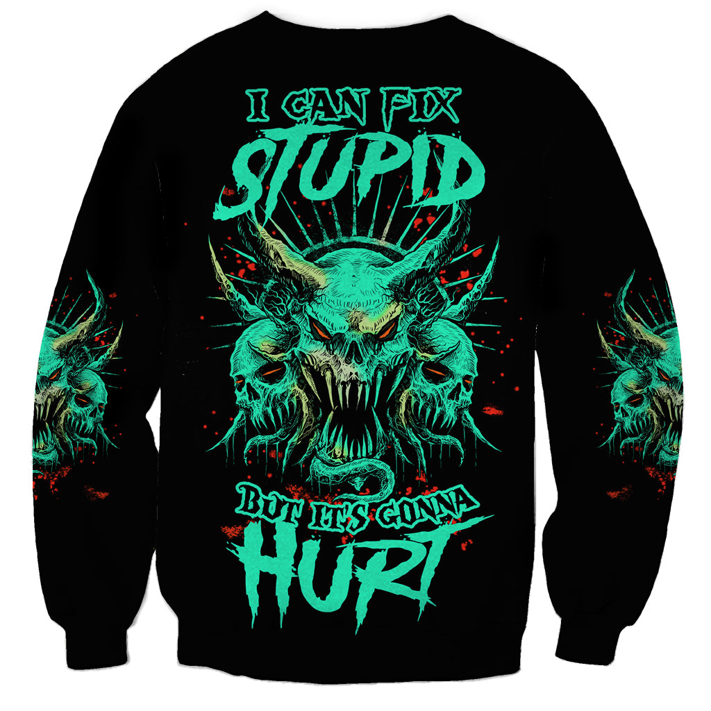 Black unisex sweatshirt with teal fantasy skull graphic on front