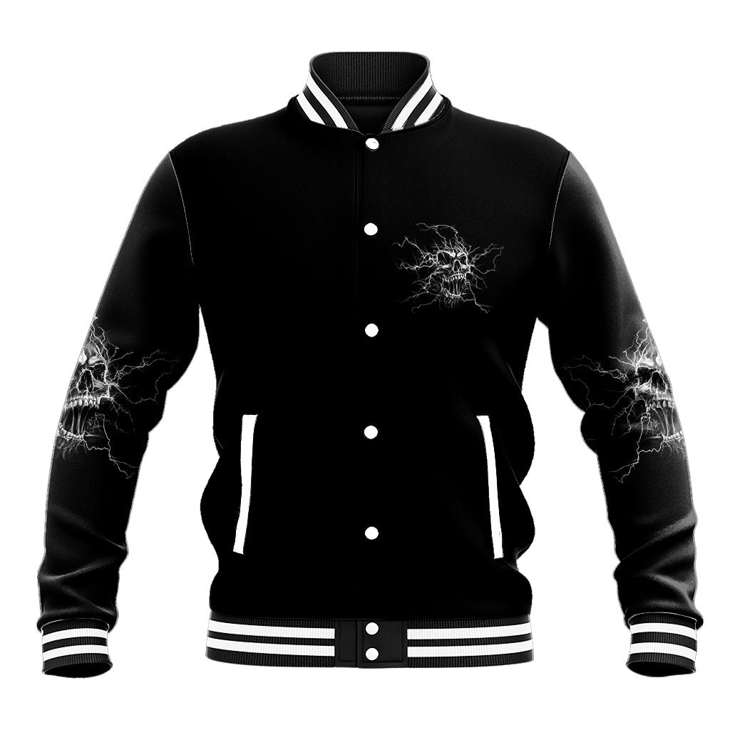 Black baseball jacket with front button placket and skull-lightning chest graphic, striped cuffs