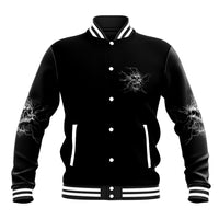 Black baseball jacket with front button placket and skull-lightning chest graphic, striped cuffs