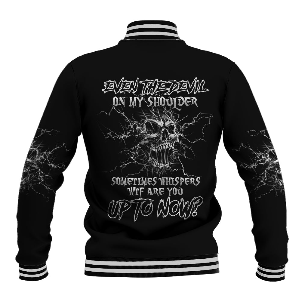 Black baseball jacket with skull-and-lightning graphic and back text, striped ribbed collar