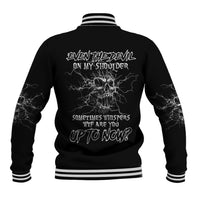 Black baseball jacket with skull-and-lightning graphic and back text, striped ribbed collar