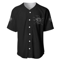 Black baseball jersey with V-neck and button front, skull lightning print on chest