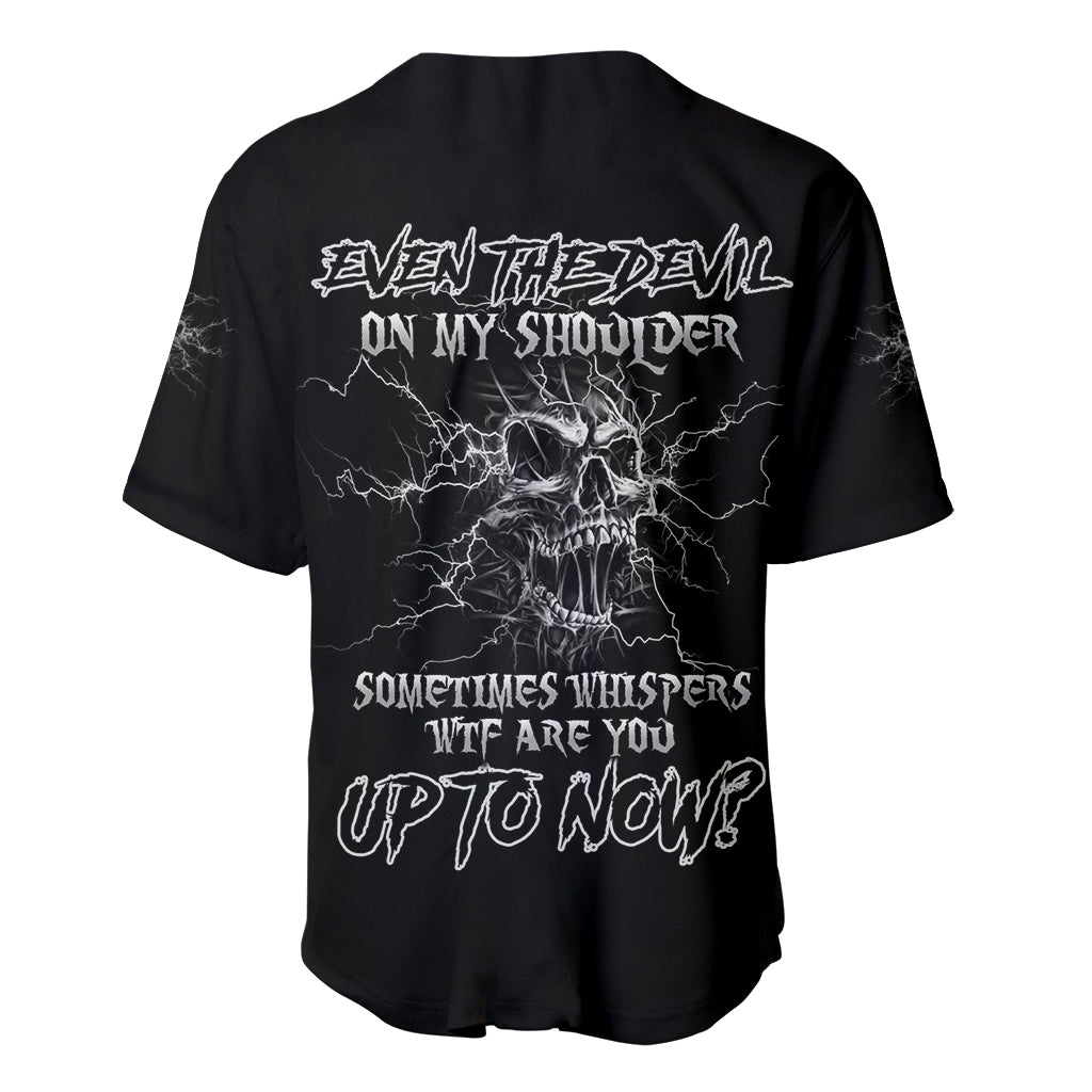 Black baseball jersey with V-neck, button front, skull lightning graphic and text on back
