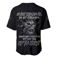 Black baseball jersey with V-neck, button front, skull lightning graphic and text on back