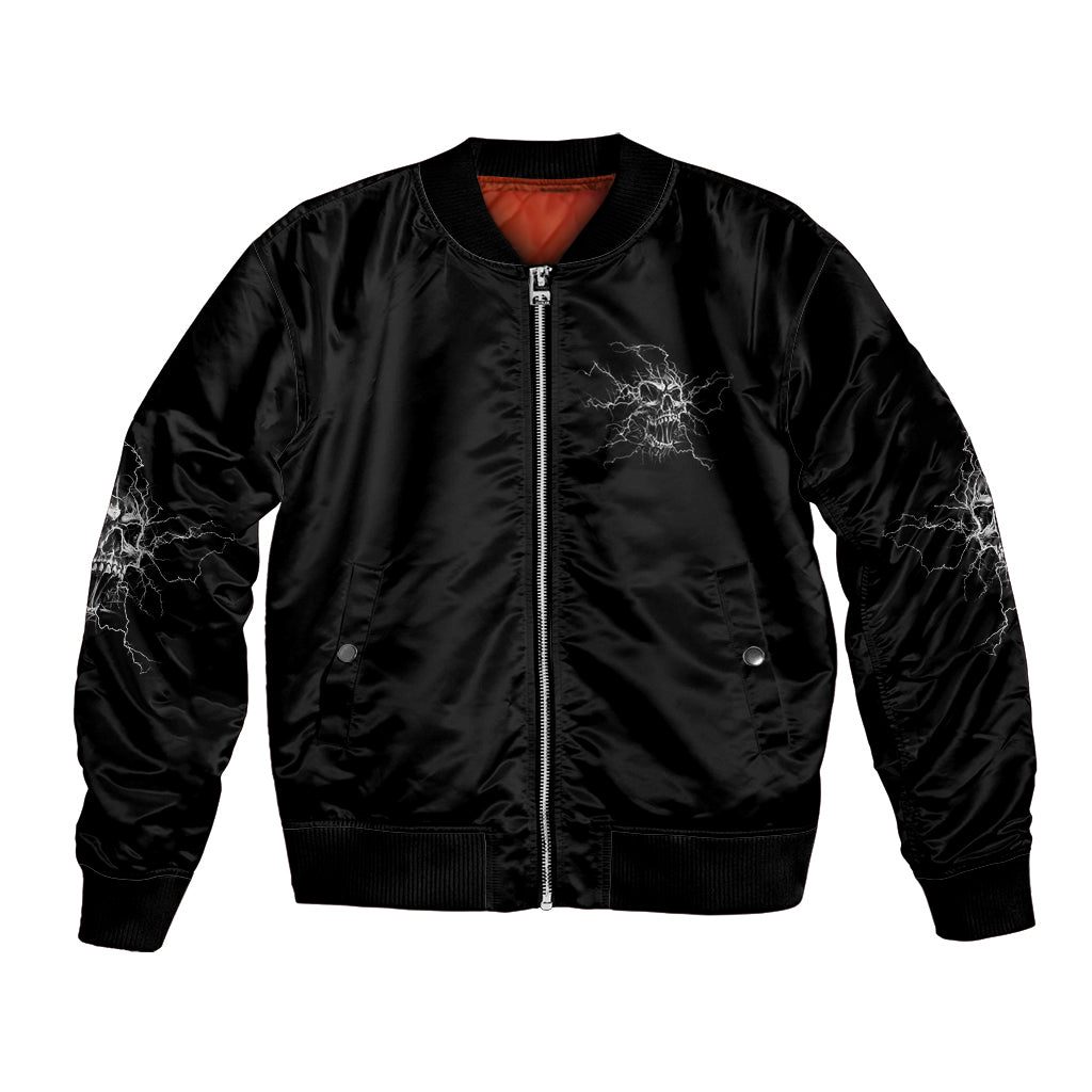 Black bomber jacket with front zipper, ribbed collar and cuffs, chest graphic and side pocket