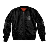 Black bomber jacket with front zipper, ribbed collar and cuffs, chest graphic and side pocket