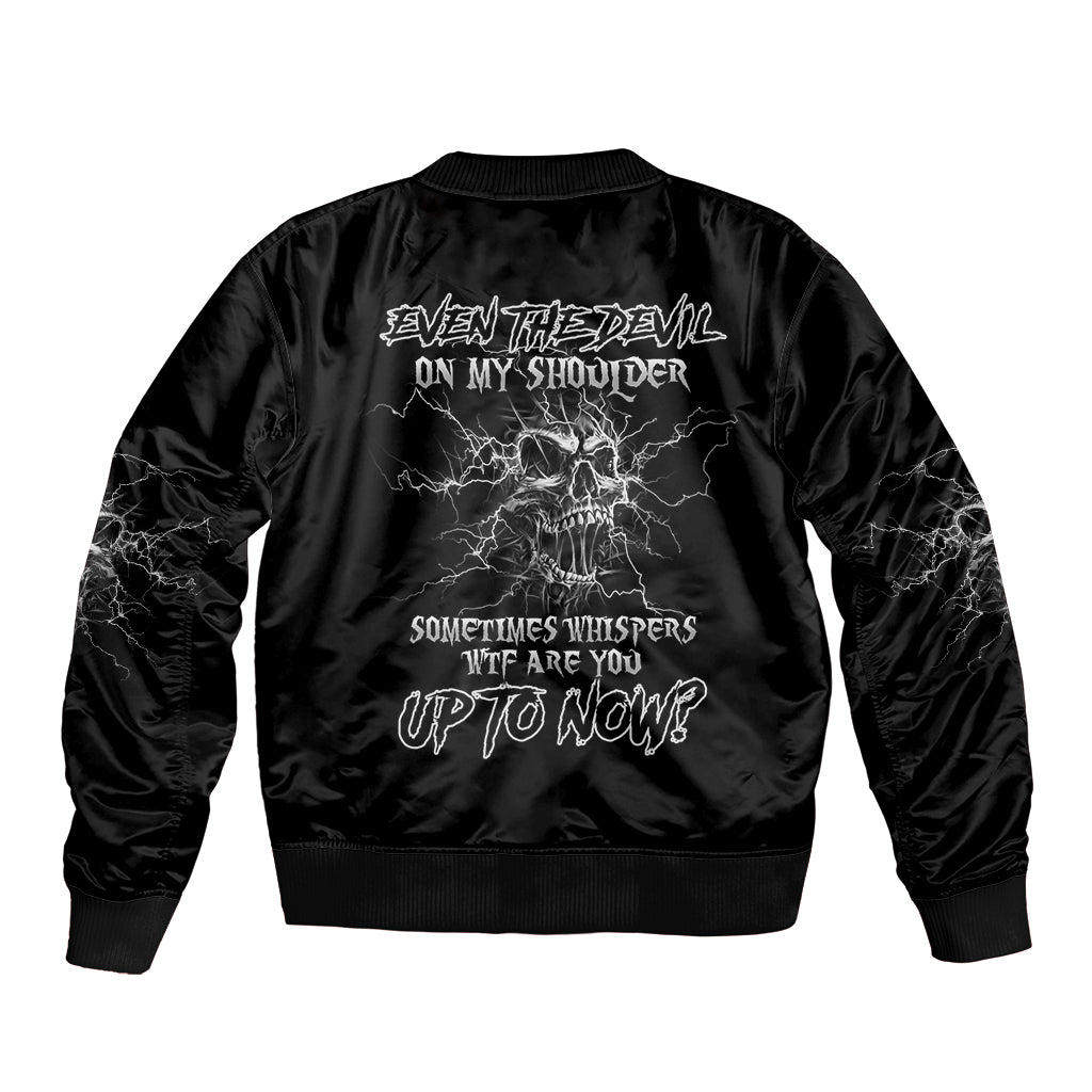 Black bomber jacket with back graphic print, ribbed cuffs and hem, varsity-style fit