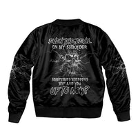 Black bomber jacket with back graphic print, ribbed cuffs and hem, varsity-style fit