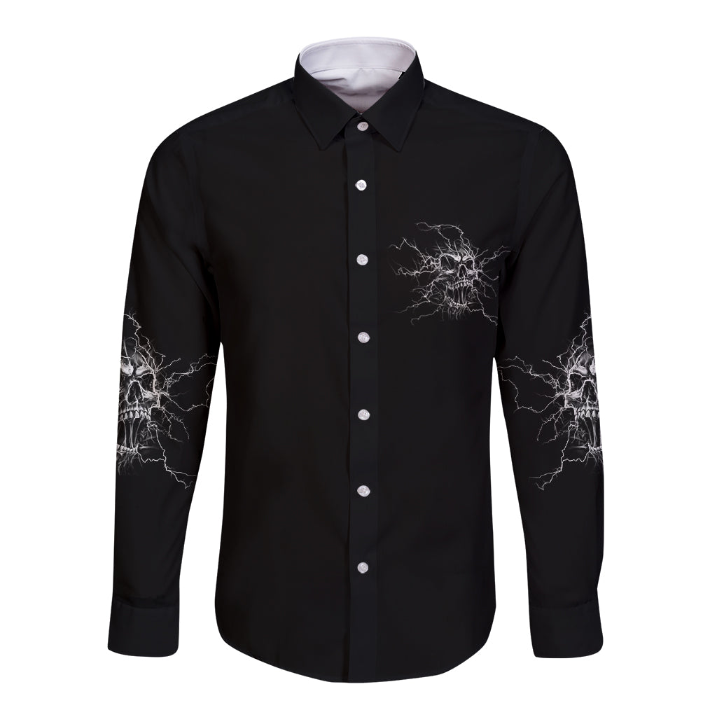 Black long-sleeve button-up shirt with front text and lightning-style print