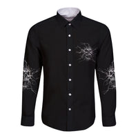Black long-sleeve button-up shirt with front text and lightning-style print