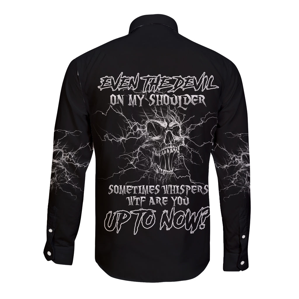 Black long-sleeve button-up shirt with back graphic and text design
