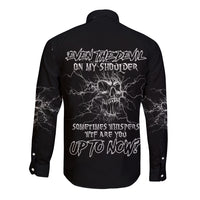 Black long-sleeve button-up shirt with back graphic and text design