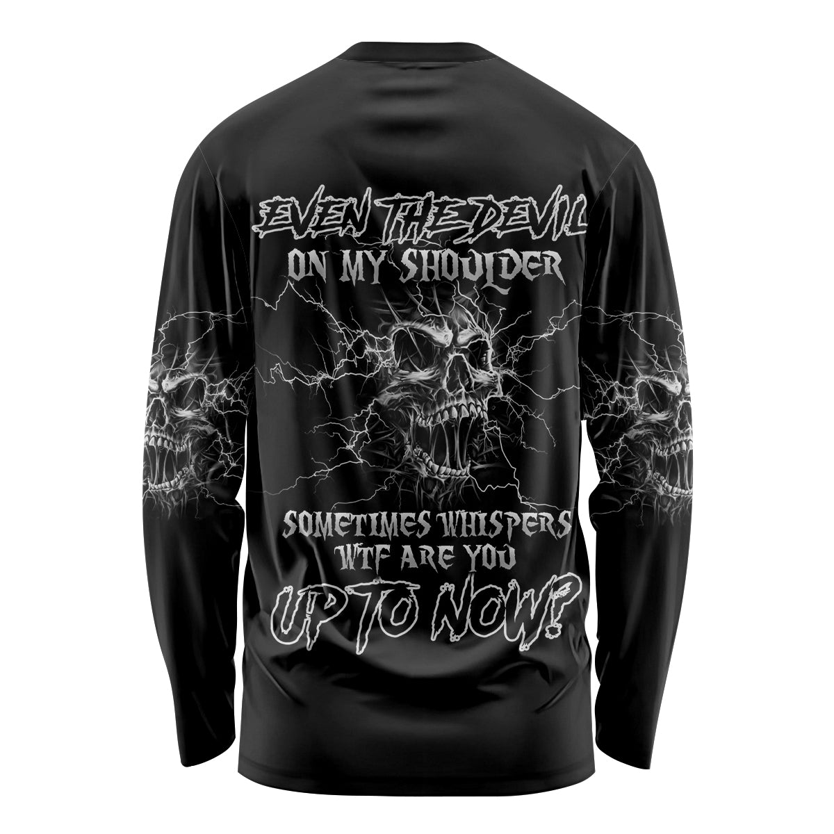 Black long-sleeve shirt with skull, lightning crackle and bold back lettering