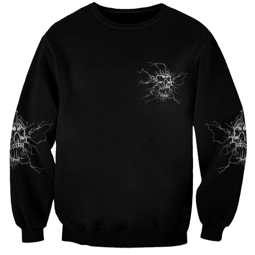 Black unisex sweatshirt with small skull lightning graphic on back and sleeves
