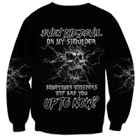 Black unisex sweatshirt with skull, lightning, and bold front slogan graphic