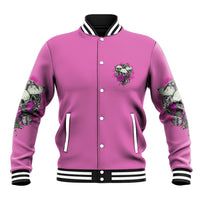 Pink baseball jacket with skull-and-rose front patch, button front and striped cuffs