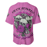 Pink baseball jersey with skull-couple graphic and back text, short sleeves