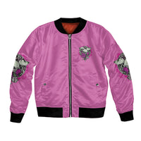 Pink bomber jacket with front zipper and skull rose chest graphic, black ribbed cuffs