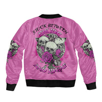 Pink bomber jacket with skull rose graphic on back and black ribbed cuffs