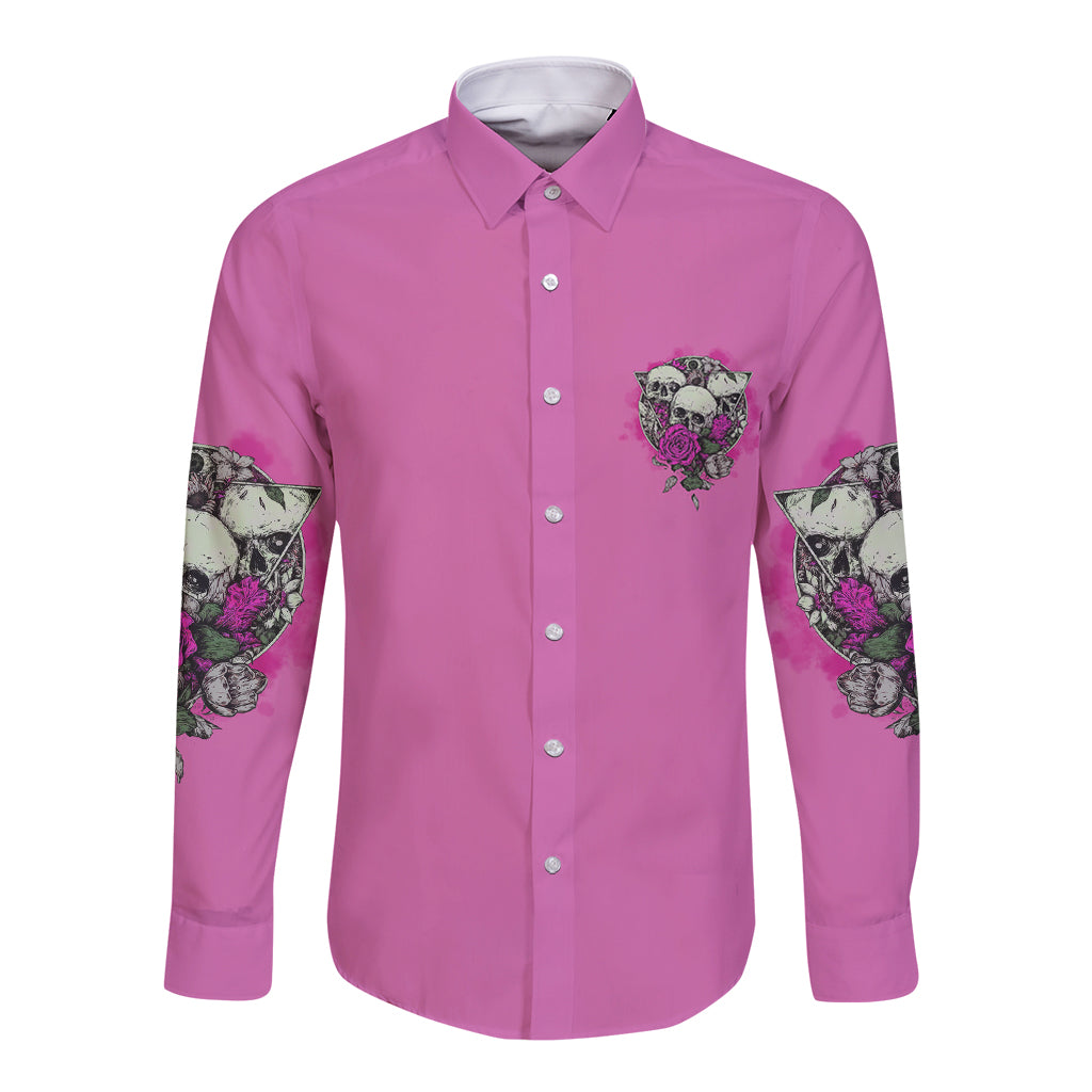 Pink long-sleeve button shirt with front skull-and-rose chest print and sleeve graphics