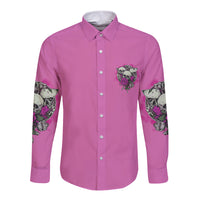 Pink long-sleeve button shirt with front skull-and-rose chest print and sleeve graphics