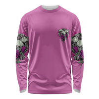 Unisex pink long-sleeve shirt, front with small left chest skull graphic and sleeve print