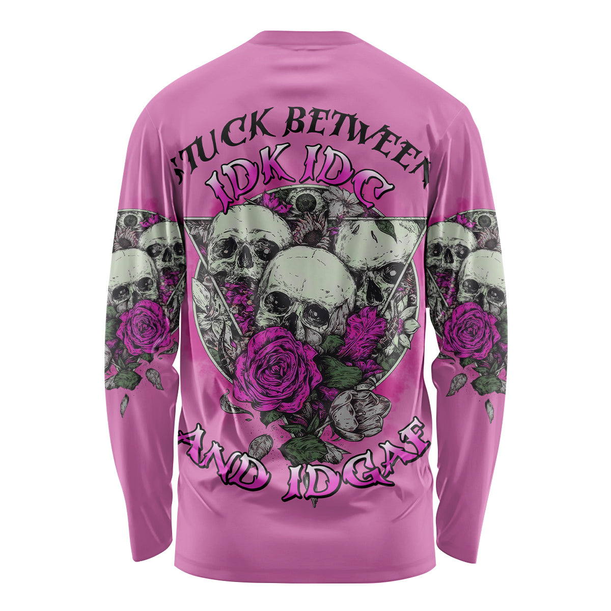 Unisex pink long-sleeve shirt, back graphic skulls with roses and heart details