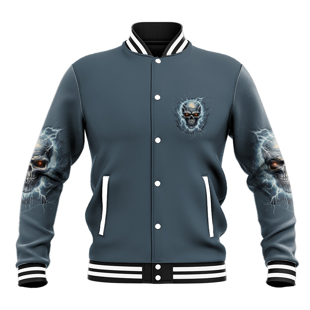 Dark teal baseball jacket with snap-button front, striped ribbed collar, skull chest graphic