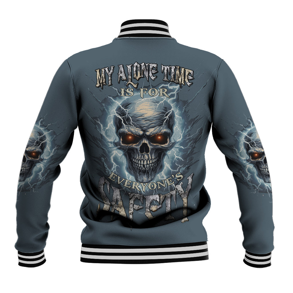 Dark teal baseball jacket with striped collar; large back skull and lightning graphic