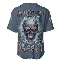 Dark blue baseball jersey with back skull graphic and lightning print