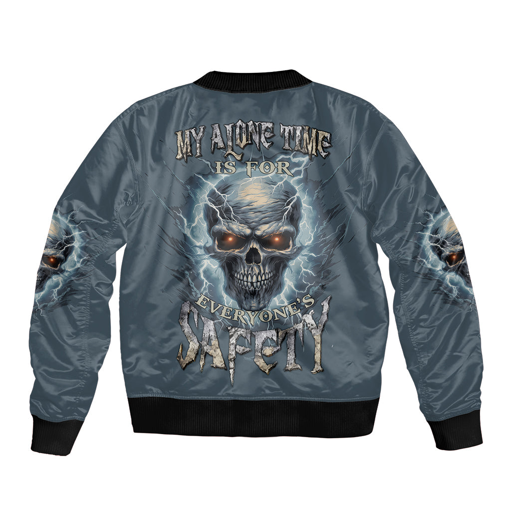 Dark blue bomber jacket with ribbed cuffs and large back skull graphic