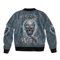 Dark blue bomber jacket with ribbed cuffs and large back skull graphic