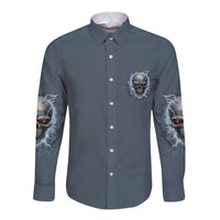 Long sleeve button shirt, dark blue with chest skull graphic and lightning sleeve print
