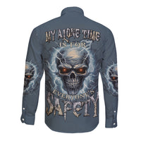 Long sleeve button shirt, dark blue with skull lightning graphic on back