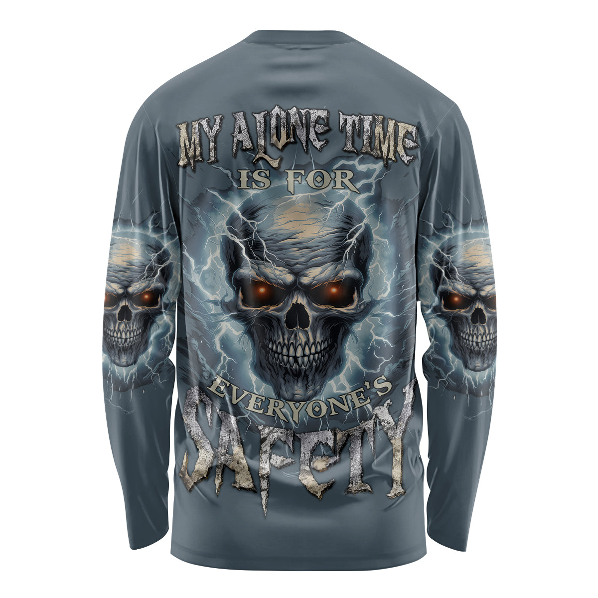 Dark blue long-sleeve shirt, large back skull lightning graphic and slogan print