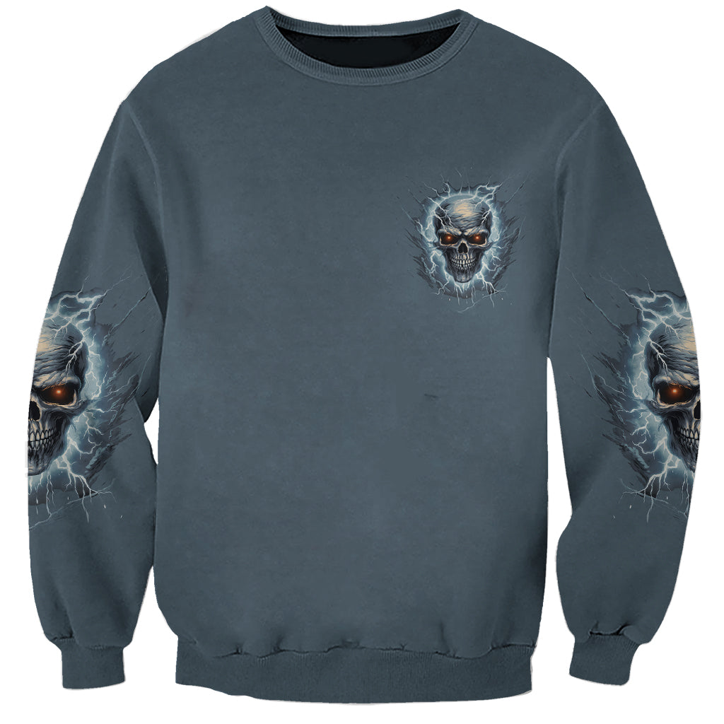 Unisex dark gray sweatshirt with small chest skull graphic and lightning