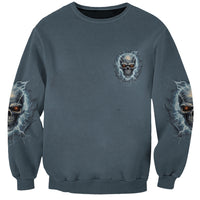 Unisex dark gray sweatshirt with small chest skull graphic and lightning